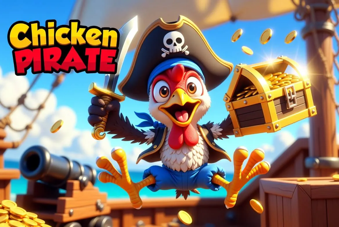 Chicken Pirate bonus concept with pirate treasure chest and coins