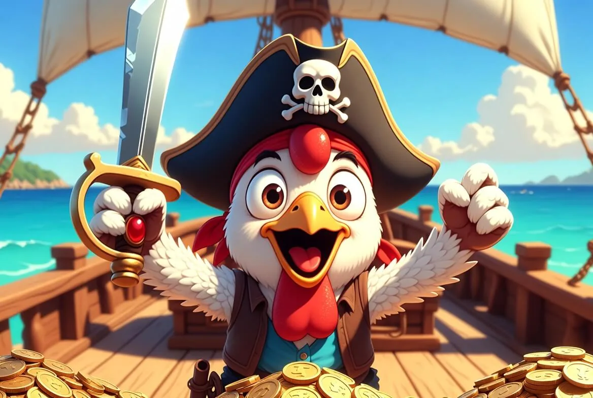 Chicken Pirate slot crash game artwork with a pirate ship and treasure